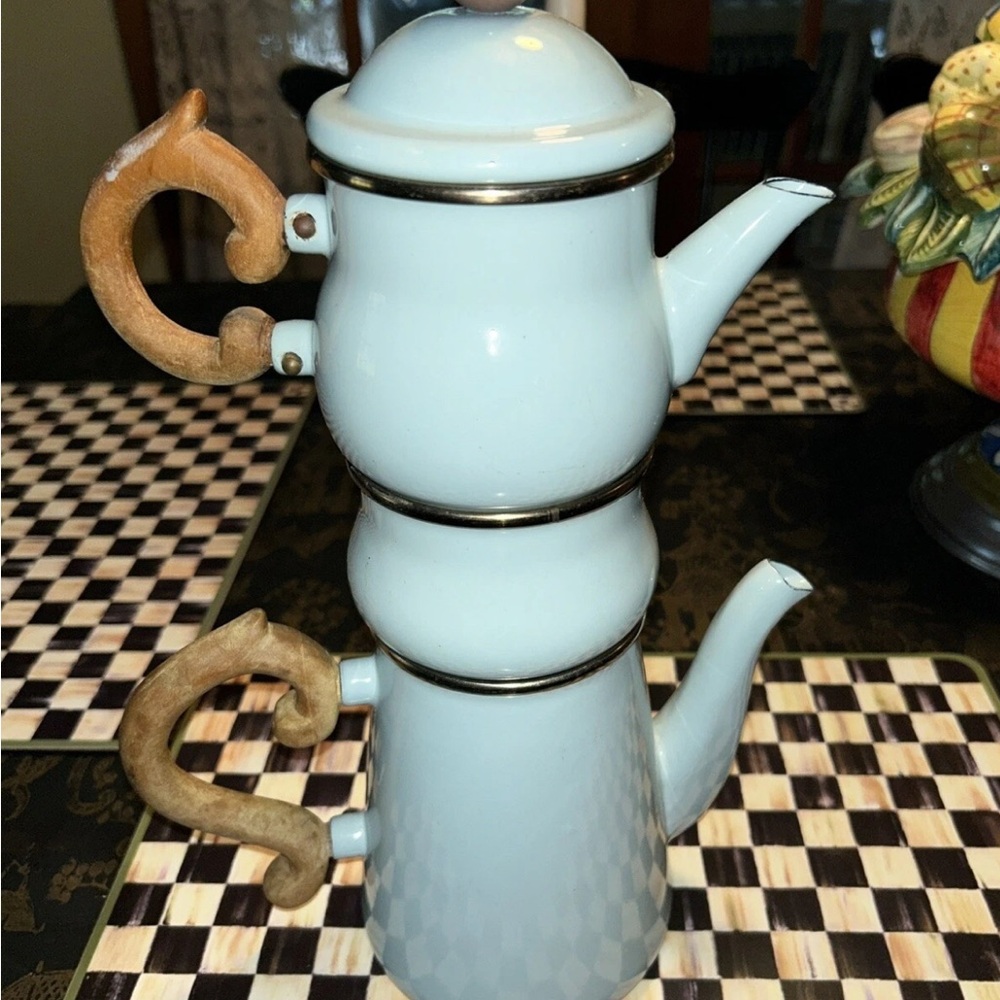 Vintage Victoria and Richard Camp MacKenzie Childs Enamel Stackable Blue Teapot